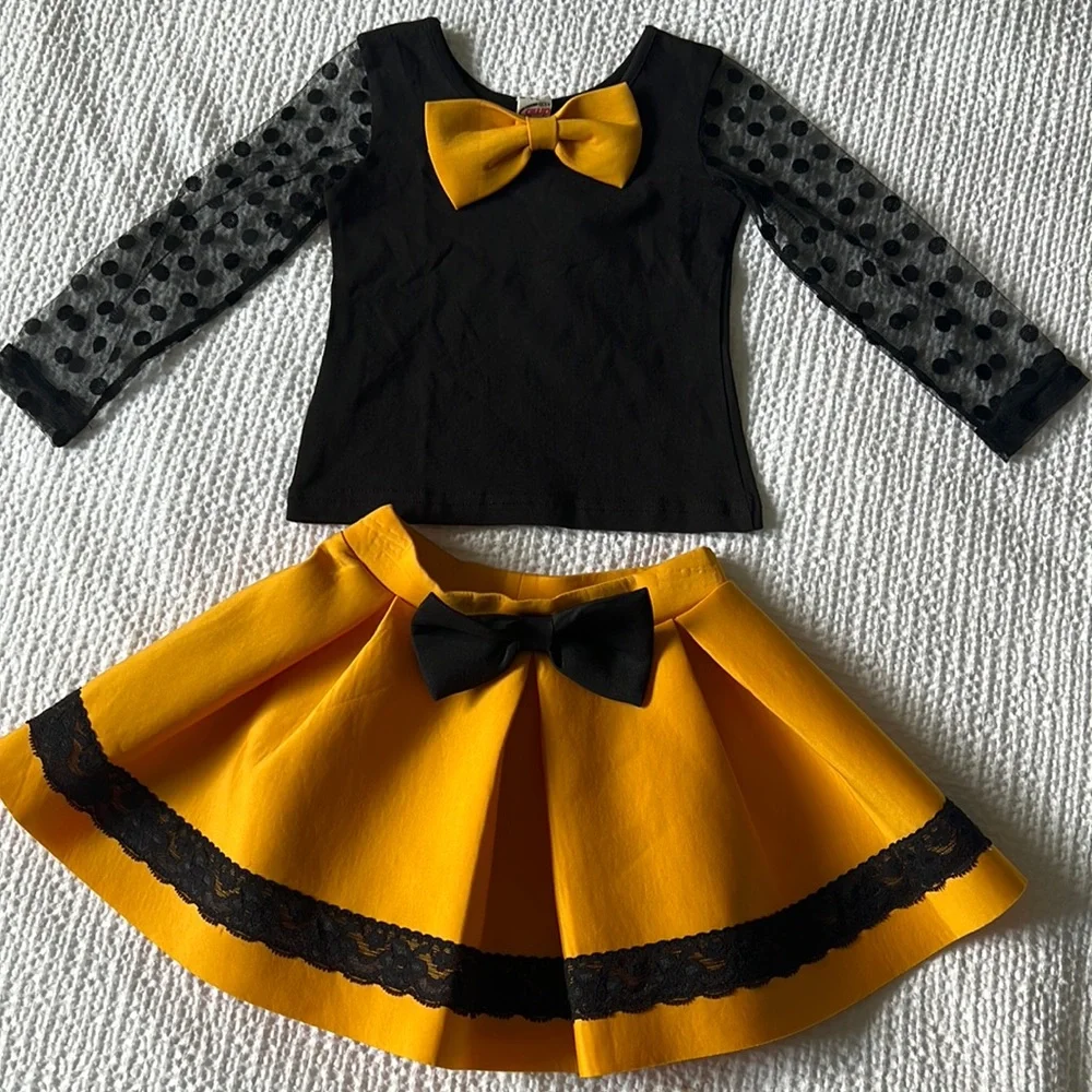 NWT 3T Matching Yellow & Black Adorable Skirt and Shirt Set with Bows and Lace - Picture 5 of 9